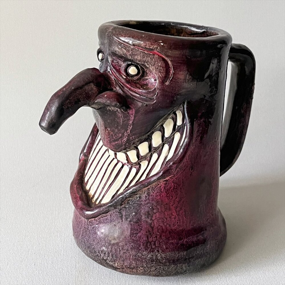 OOAK Vintage Studio Art Pottery Ugly Face Mug Dark Pink Halloween Decor